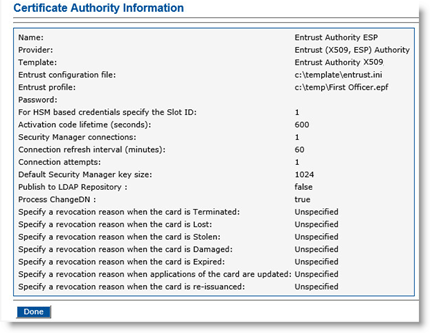 Certificate Authority Information page displaying information specified for the CA 